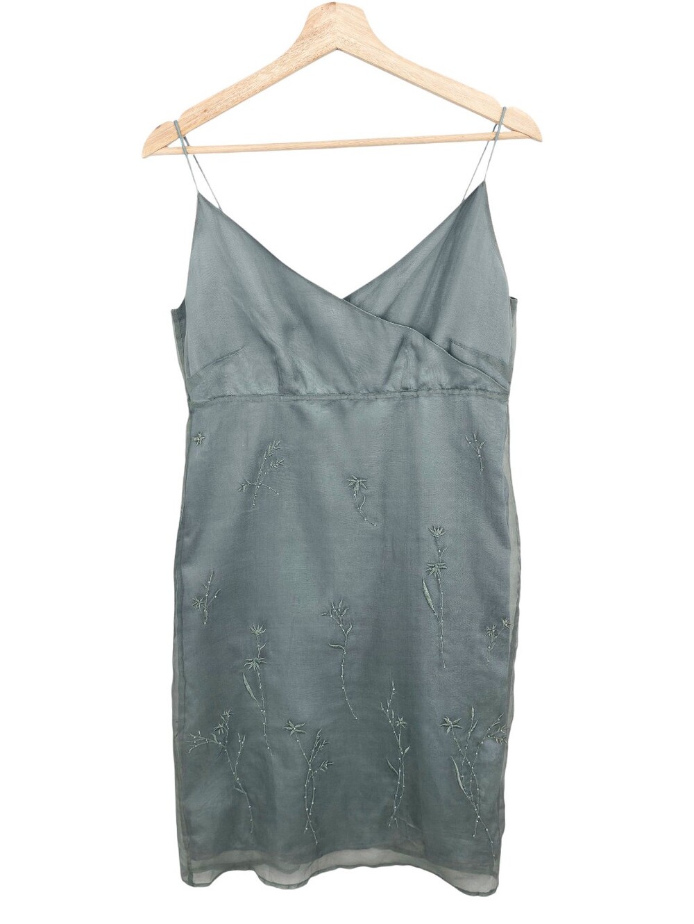 Vintage 100% Silk Relativity Embroidered Slip Dress Sage Sheer Overlay Y2k Small - Picture 3 of 16